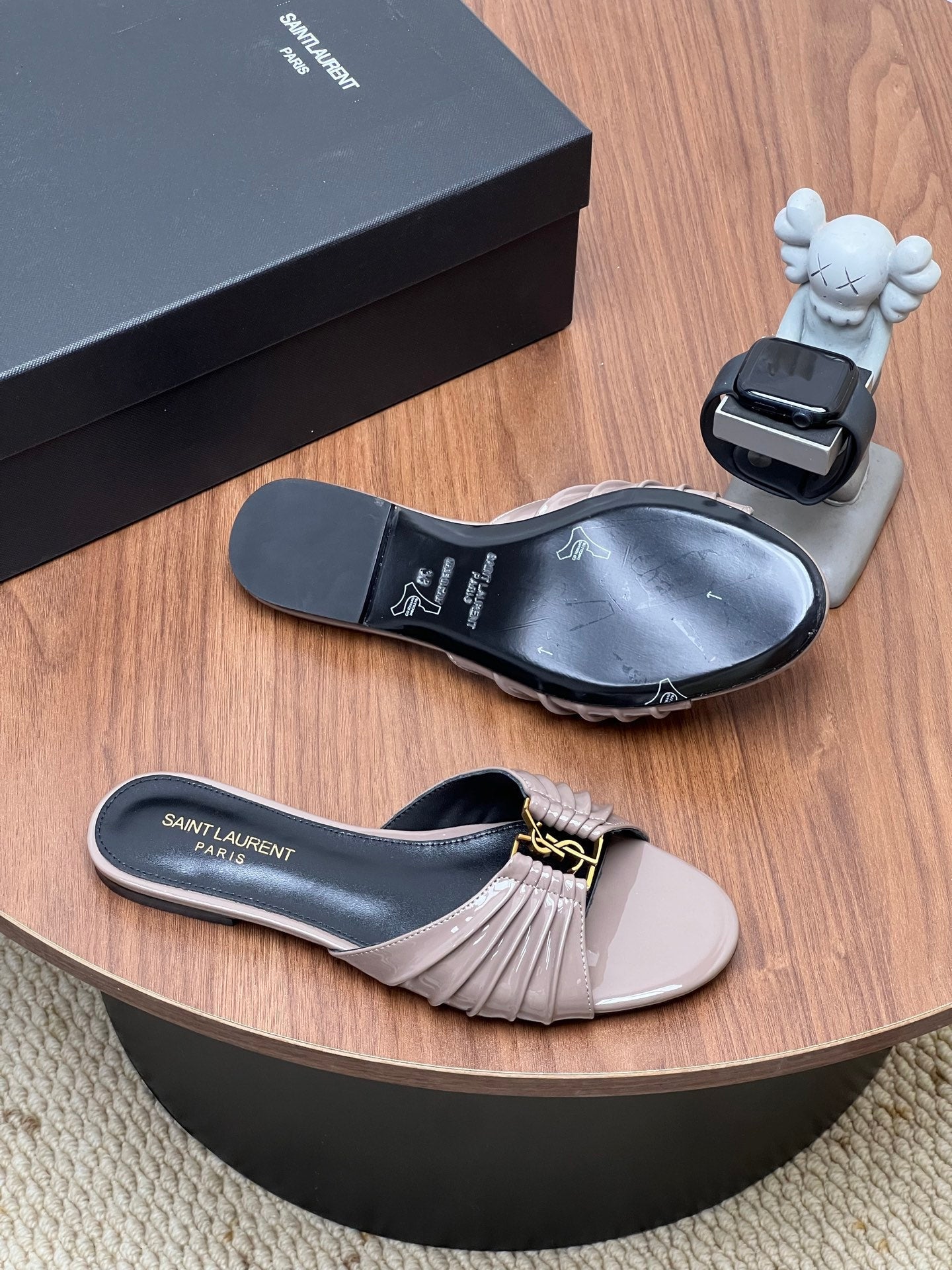 YSL 26S SLIDES IN DUSTY BEIGE SUEDE