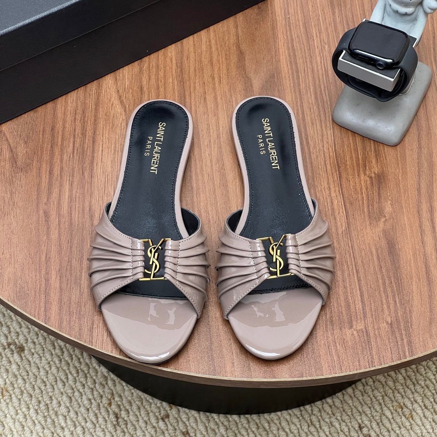 YSL 26S SLIDES IN DUSTY BEIGE SUEDE