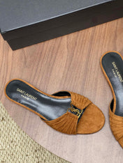 YSL 26S SLIDES IN CAMEL BROWN SUEDE