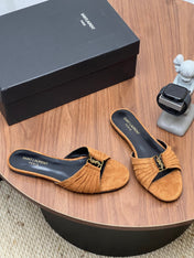 YSL 26S SLIDES IN CAMEL BROWN SUEDE