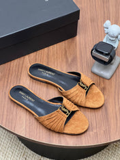 YSL 26S SLIDES IN CAMEL BROWN SUEDE