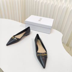 DIOR POINTED BALLET FLATS 25S IN BLACK CALFSKIN WITH GOLD HARDWARE