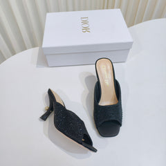 DIOR EMBELLISHED HIGH HEEL SLIDES 25S IN BLACK SATIN AND CALFSKIN