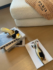 Metallic Gold High - Heels With Black Bow Calfskin