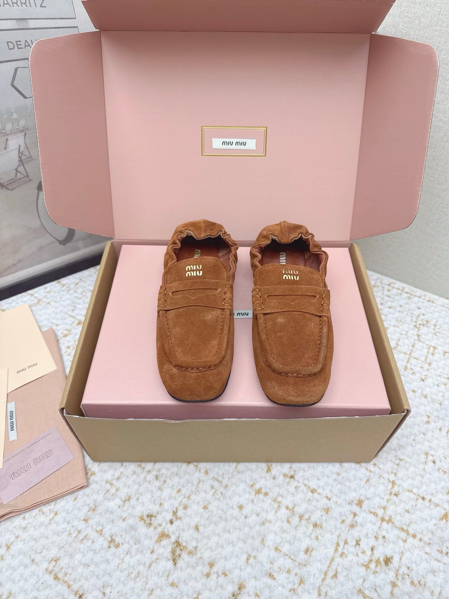 MIUMIU 25S NAPPA LOAFERS IN CARAMEL BROWN SUEDE