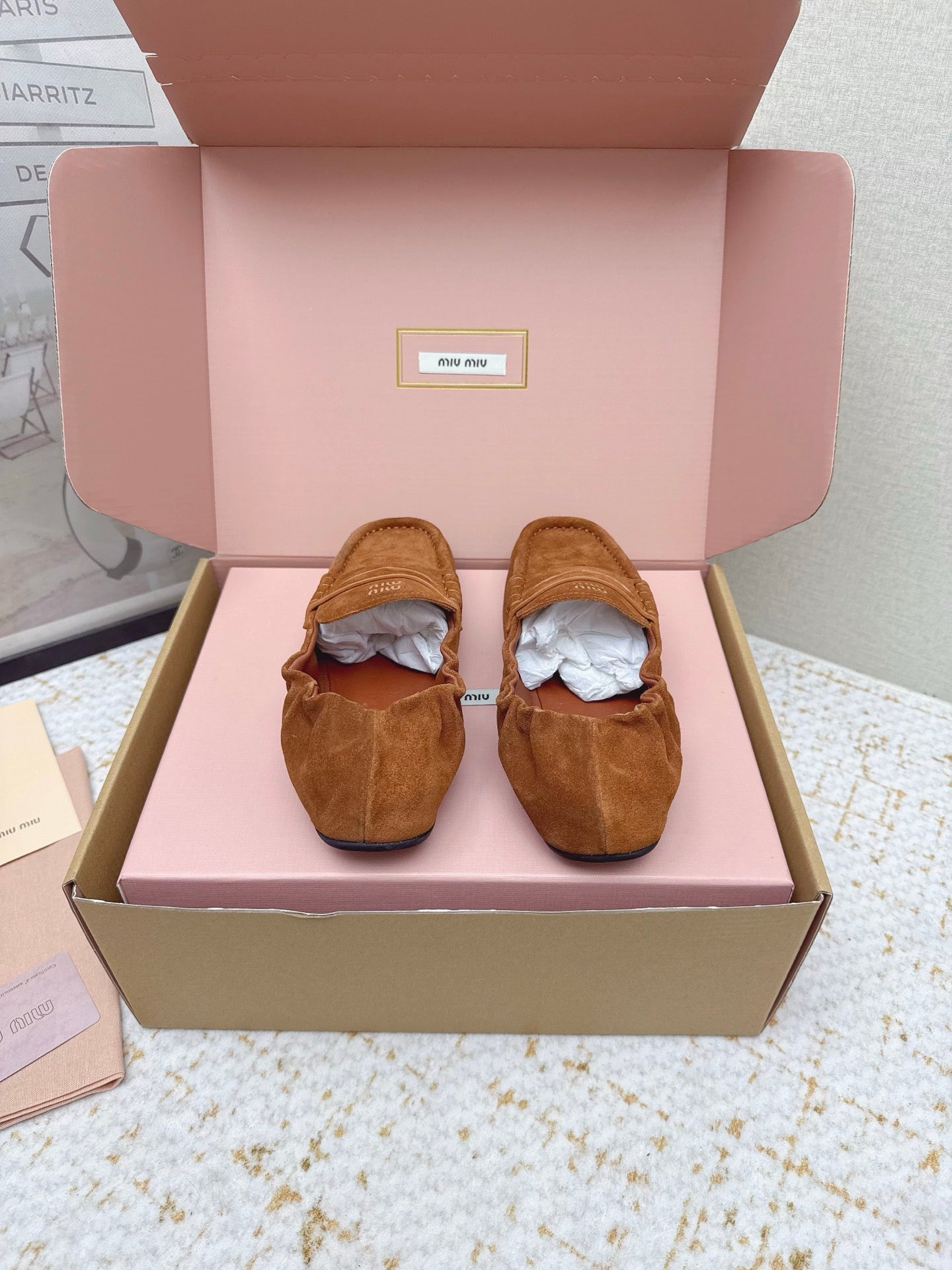 MIUMIU 25S NAPPA LOAFERS IN CARAMEL BROWN SUEDE