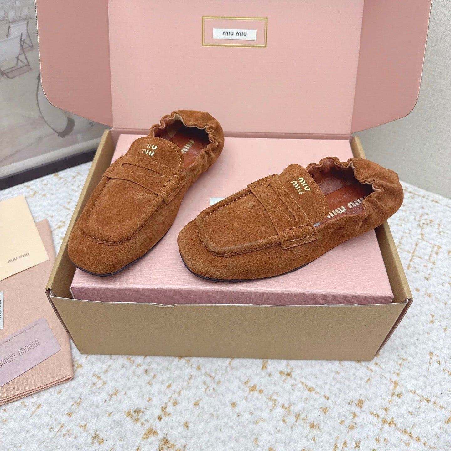 MIUMIU 25S NAPPA LOAFERS IN CARAMEL BROWN SUEDE