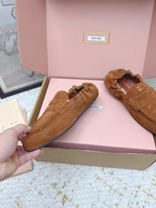 MIUMIU 25S NAPPA LOAFERS IN CARAMEL BROWN SUEDE