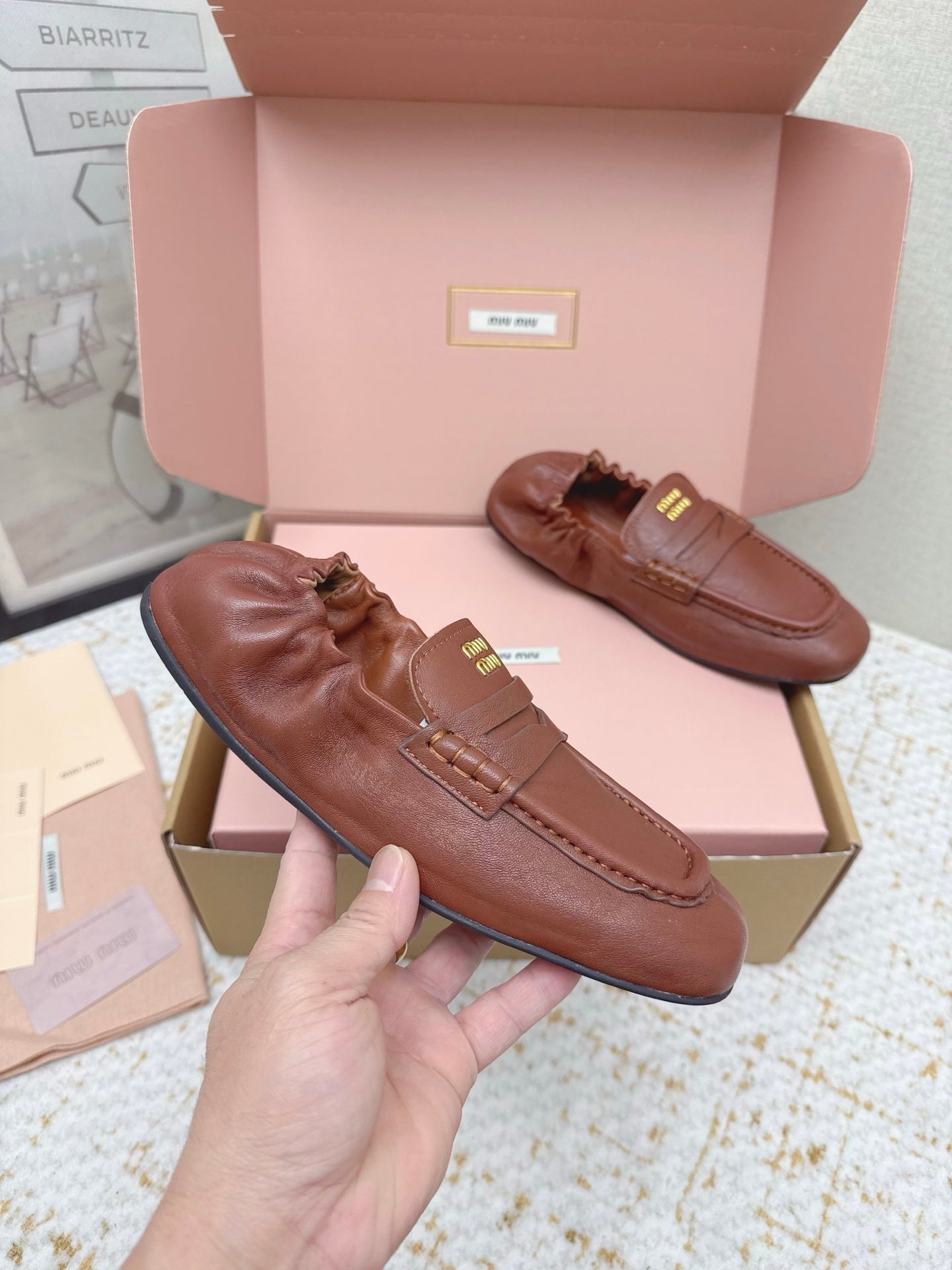 MIUMIU 25S NAPPA LOAFERS IN RUSTY BROWN LAMBSKIN