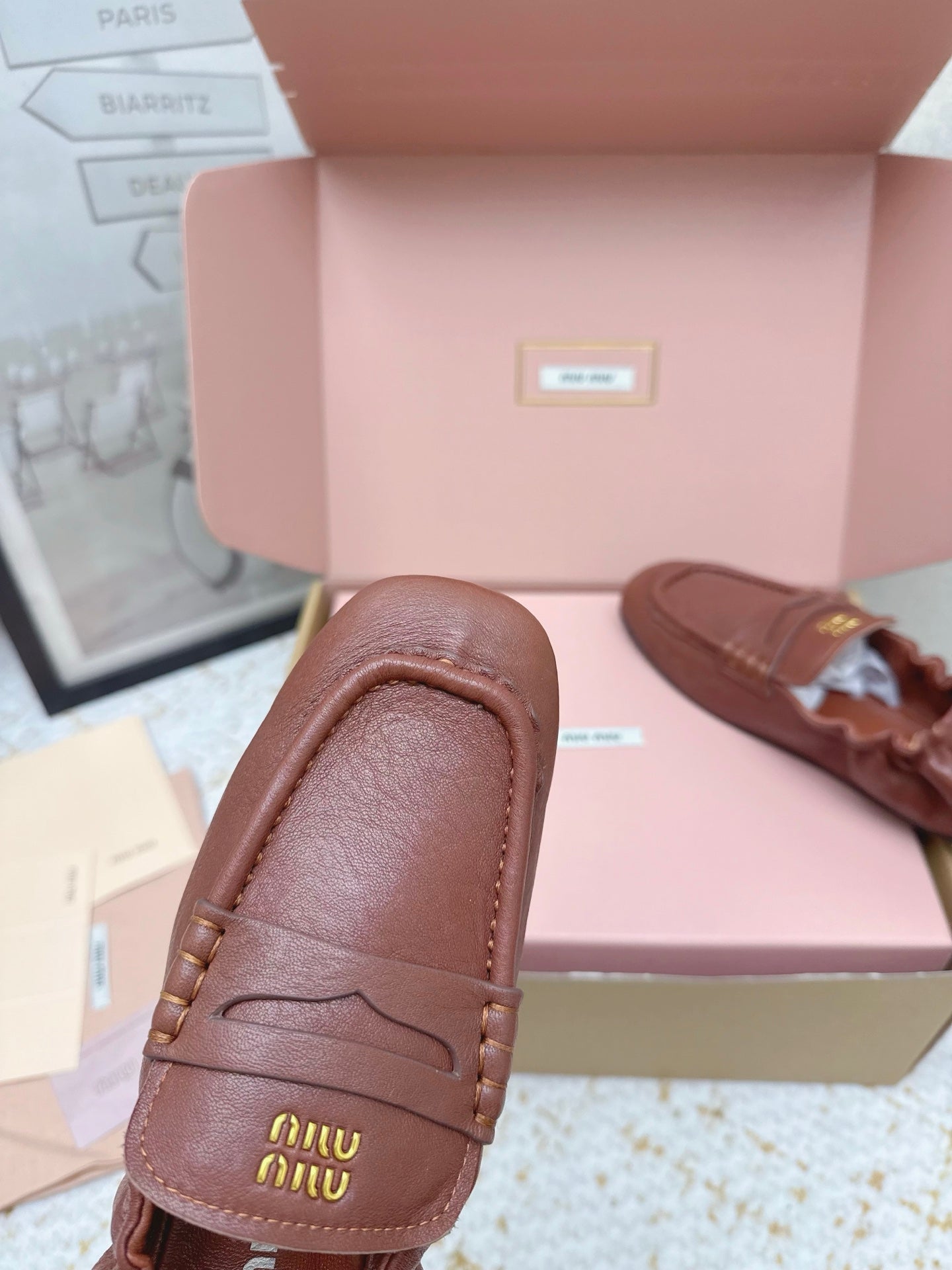MIUMIU 25S NAPPA LOAFERS IN RUSTY BROWN LAMBSKIN