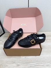 MIUMIU 26S BUCKLE SNEAKERS IN BLACK CALFSKIN WITH GOLD HARDWARE