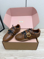 MIUMIU 26S BUCKLE SNEAKERS IN BROWN CALFSKIN WITH GOLD HARDWARE