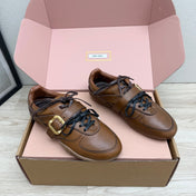 MIUMIU 26S BUCKLE SNEAKERS IN BROWN CALFSKIN WITH GOLD HARDWARE