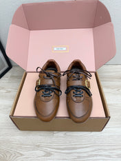 MIUMIU 26S BUCKLE SNEAKERS IN BROWN CALFSKIN WITH GOLD HARDWARE