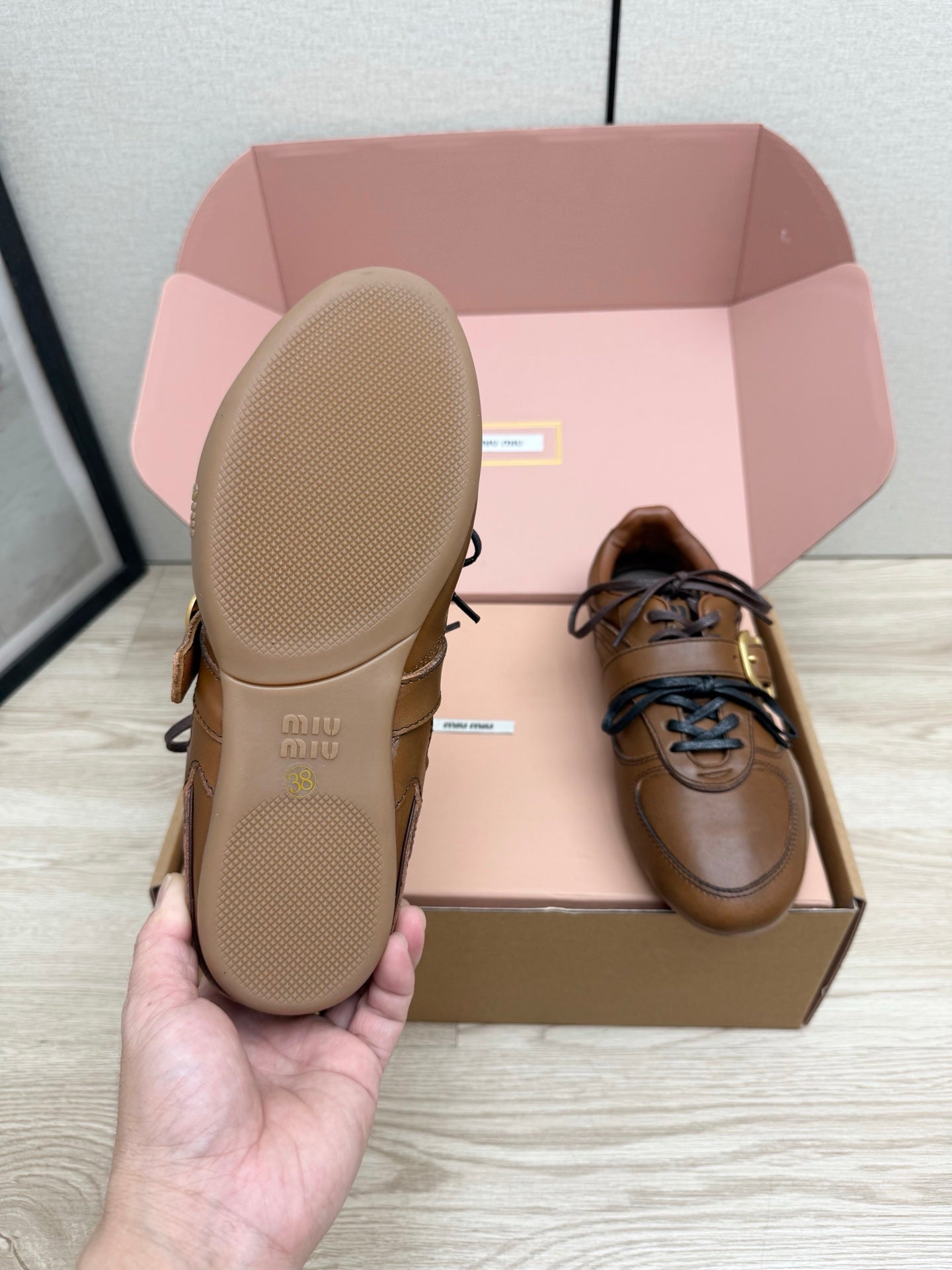 MIUMIU 26S BUCKLE SNEAKERS IN BROWN CALFSKIN WITH GOLD HARDWARE