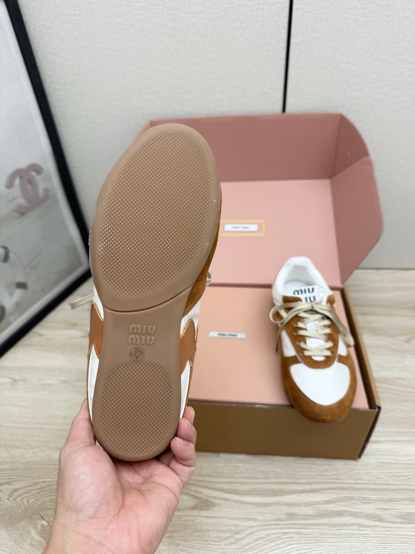MIUMIU 26S SNEAKERS IN WHITE FABRIC AND BROWN SUEDE STYLE 12