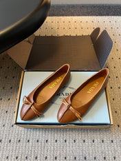 PRADA 26S POINTED TOE BOW FLATS IN CARAMEL BROWN CALFSKIN