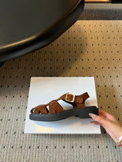 PRADA 26S ANKLE STRAP FISHERMAN SANDALS IN BROWN SUEDE