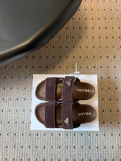 PRADA 26S DOUBLE STRAP SLIDES 35MM IN DARK BROWN SUEDE