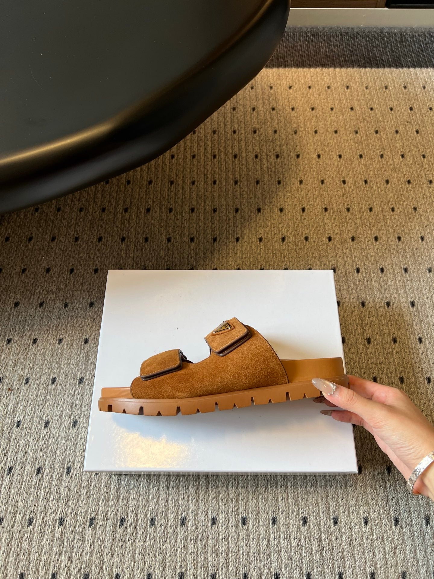 PRADA 26S DOUBLE STRAP SLIDES 35MM IN CARAMEL BROWN SUEDE