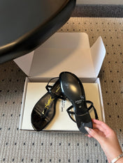 YSL 26S THONG SANDALS IN BLACK SHINY CALFSKIN WITH GOLD HARDWARE