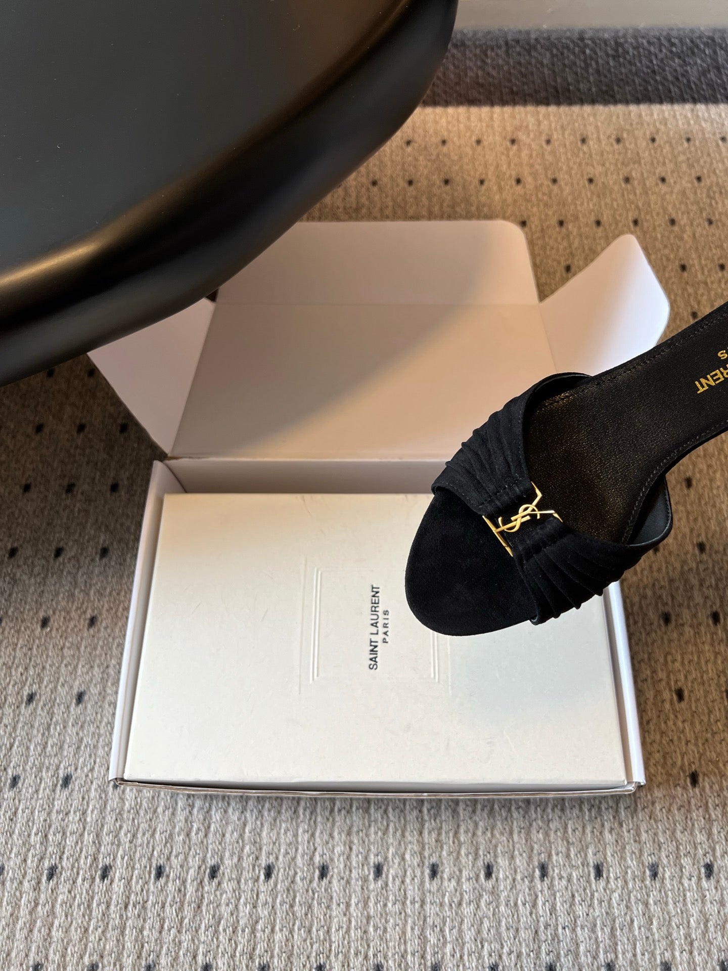 YSL 26S BABYLONE FLAT MULES IN BLACK SUEDE