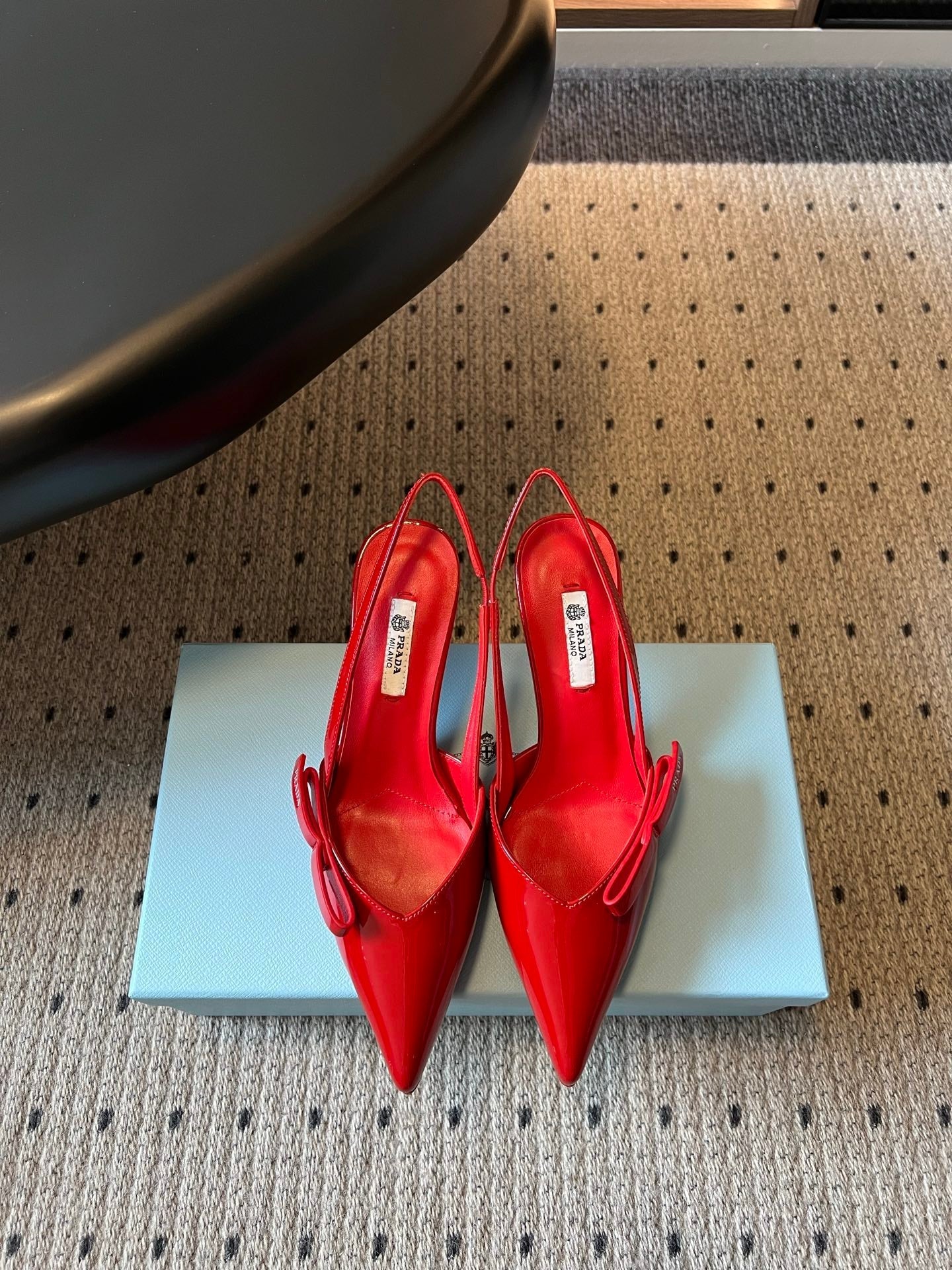PRADA 26S BOW DETAIL SLINGBACK PUMPS 75MM IN RED PATENT CALFSKIN