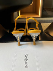 YSL 26S HEELED SLINGBACKS 60 MM IN MUSTARD YELLOW LAMBSKIN AND BEIGE MESH