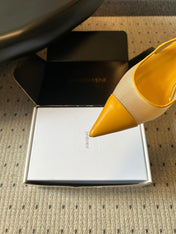 YSL 26S HEELED SLINGBACKS 60 MM IN MUSTARD YELLOW LAMBSKIN AND BEIGE MESH