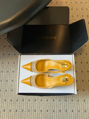 YSL 26S HEELED SLINGBACKS 60 MM IN MUSTARD YELLOW LAMBSKIN AND BEIGE MESH