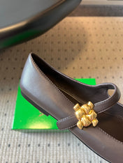 BOTTEGA VENETA 26S MARY JANE FLATS IN DARK BROWN LAMBSKIN WITH GOLD HARDWARE