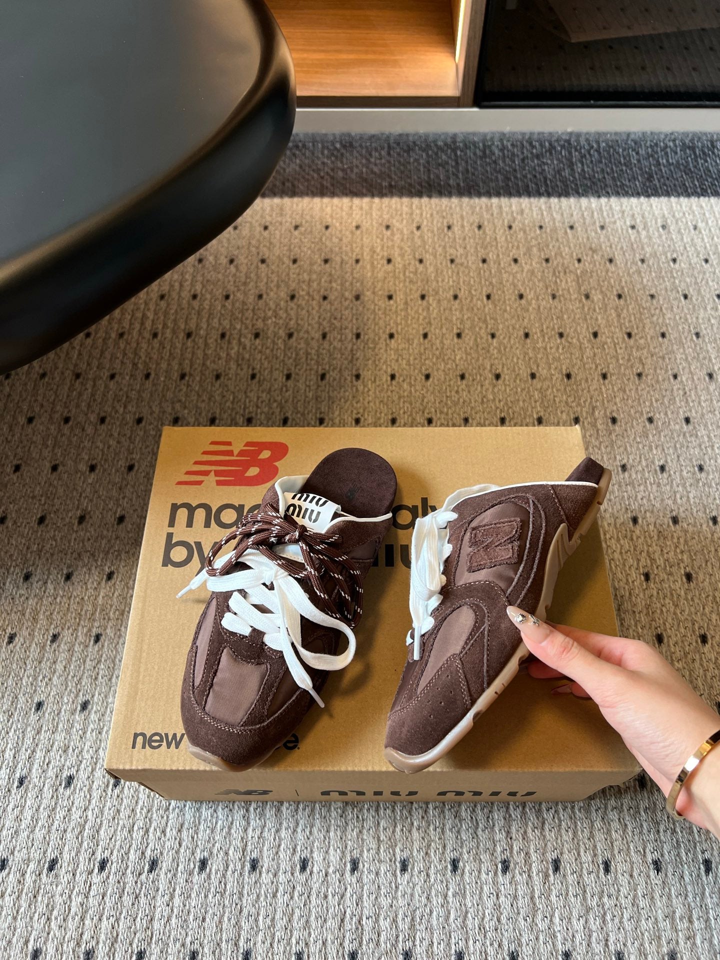 MIUMIU 26S SNEAKER MULES IN DARK BROWN SUEDE MIX FABRIC