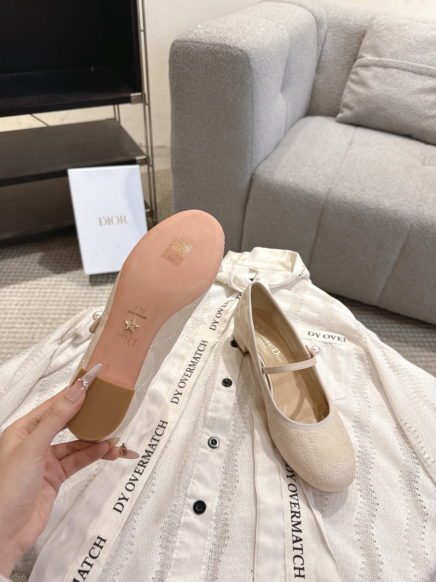 DIOR 26S MARY JANE PUMPS IN BEIGE LAMBSKIN PEARL-ADORNED STRAP
