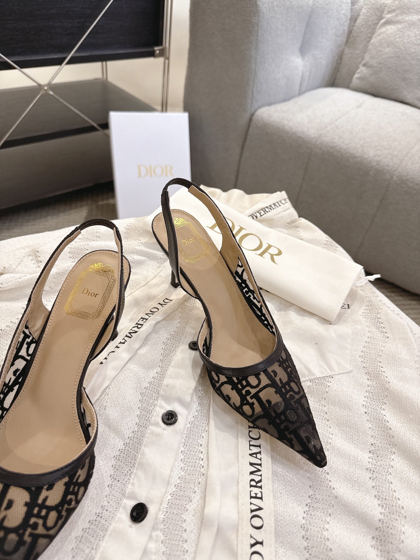 DIOR 26S HIGH-HEEL SLINGBACKS 80 MM IN BLACK OBLIQUE EMBROIDERED MESH
