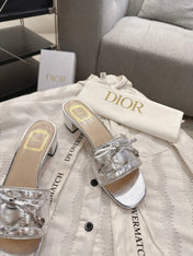 DIOR 26S HEELED MULES 45 MM IN SILVER QUILTED CALFSKIN SILVER HARDWARE