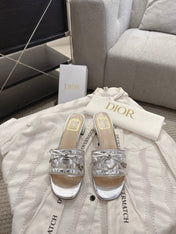 DIOR 26S HEELED MULES 45 MM IN SILVER QUILTED CALFSKIN SILVER HARDWARE