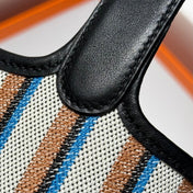 PICOTIN LOCK 18 BAG IN BLACK CALFSKIN ÉCRU/NOIR/FAUVE/NOIR/BLEU ZANZIBAR EMBROIDERY CANVAS