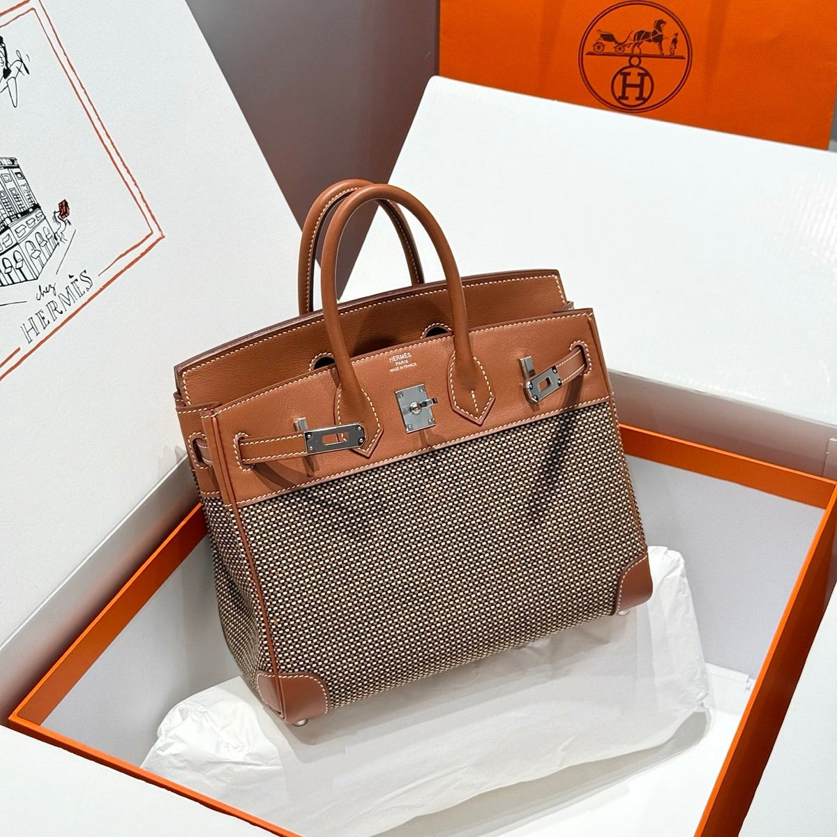 QUADRILLE BIRKIN 25CM IN GOLD SWIFT CALFSKIN AND BLACK/WHITE/BROWN TOILE CANVAS