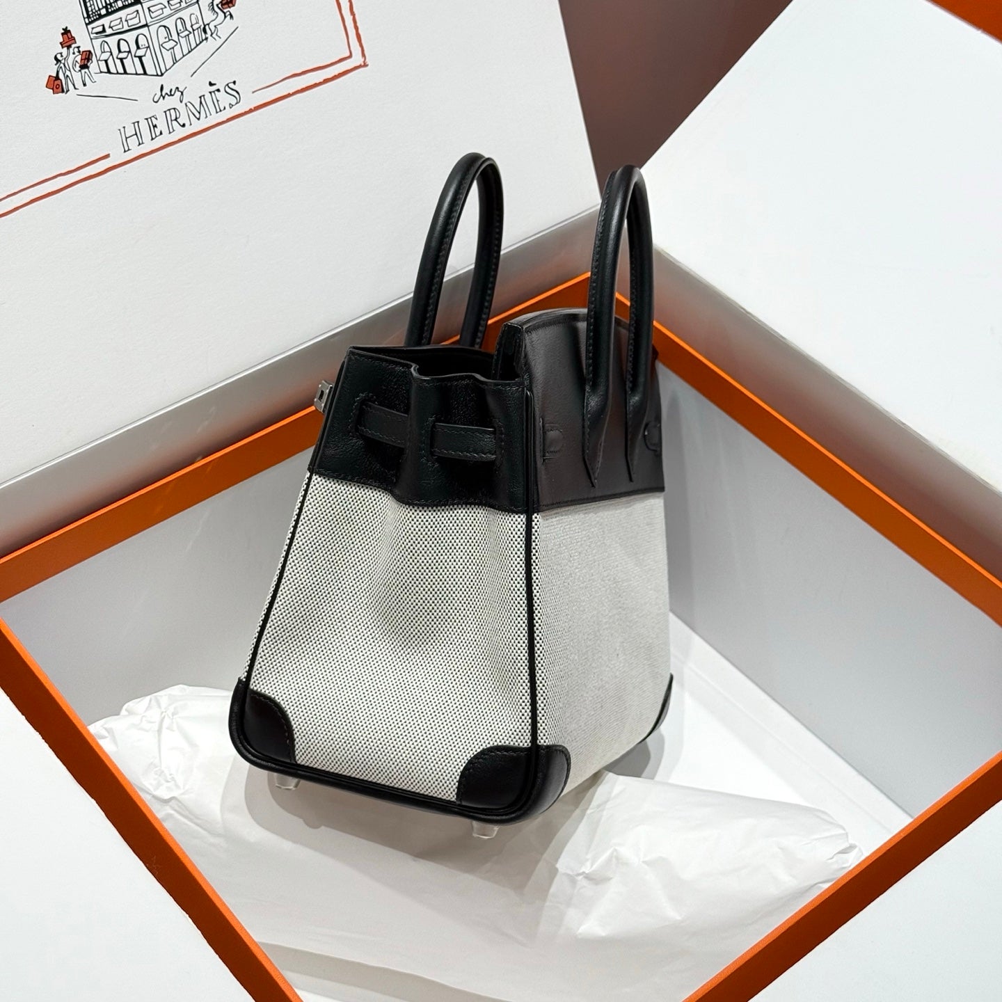 QUADRILLE BIRKIN 25CM IN BLACK SWIFT CALFSKIN WHITE TOILE CANVAS