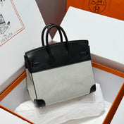 QUADRILLE BIRKIN 25CM IN BLACK SWIFT CALFSKIN WHITE TOILE CANVAS