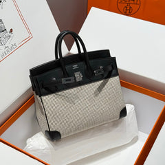 QUADRILLE BIRKIN 25CM IN BLACK SWIFT CALFSKIN WHITE BLACK PLAID TOILE CANVAS