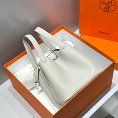 HERMES 25S PICOTIN LOCK 22 IN IVORY CALFSKIN SILVER HARDWARE