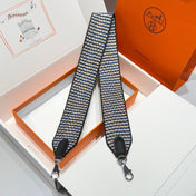25S HERMES BAG STRAP BLUE PATTERN BORDERED BLACK 85 IN CANVAS SILVER HARDWARE