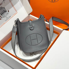 HERMES 25S MINI EVELYNE 18 IN CHARCOAL GRAY PATTERNED STRAP CALFSKIN SILVER HARDWARE