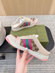 GUCCI 26S BACKLESS SNEAKERS IN BROWN CANVAS AND BEIGE LEATHER