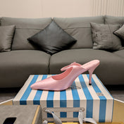 PRADA 26S HIGH-HEELED MULES 85MM IN LIGHT PINK SATIN