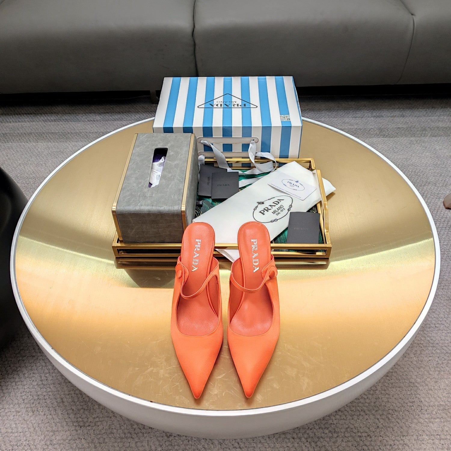 PRADA 26S HIGH-HEELED MULES 85MM IN ORANGE SATIN