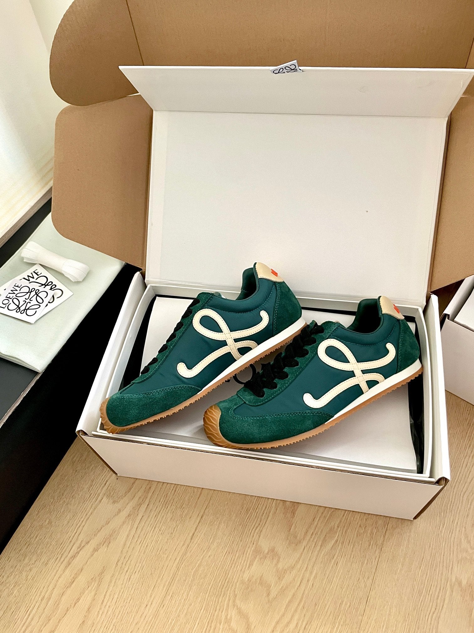 LOEWE 26S BALLET RUNNER 2.0 IN DARK GREEN SUEDE AND NYLON