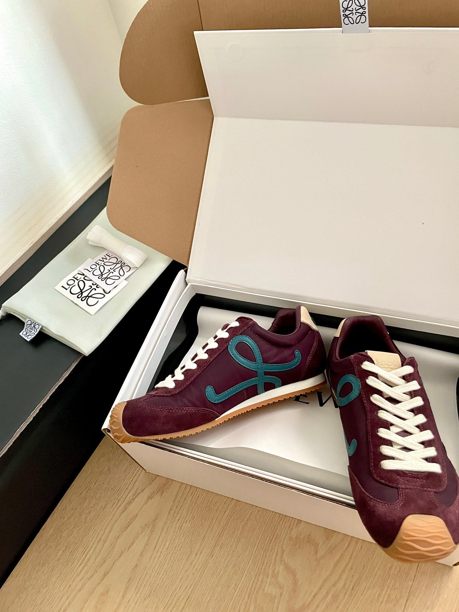 LOEWE 26S BALLET RUNNER 2.0 IN WINE RED SUEDE AND NYLON