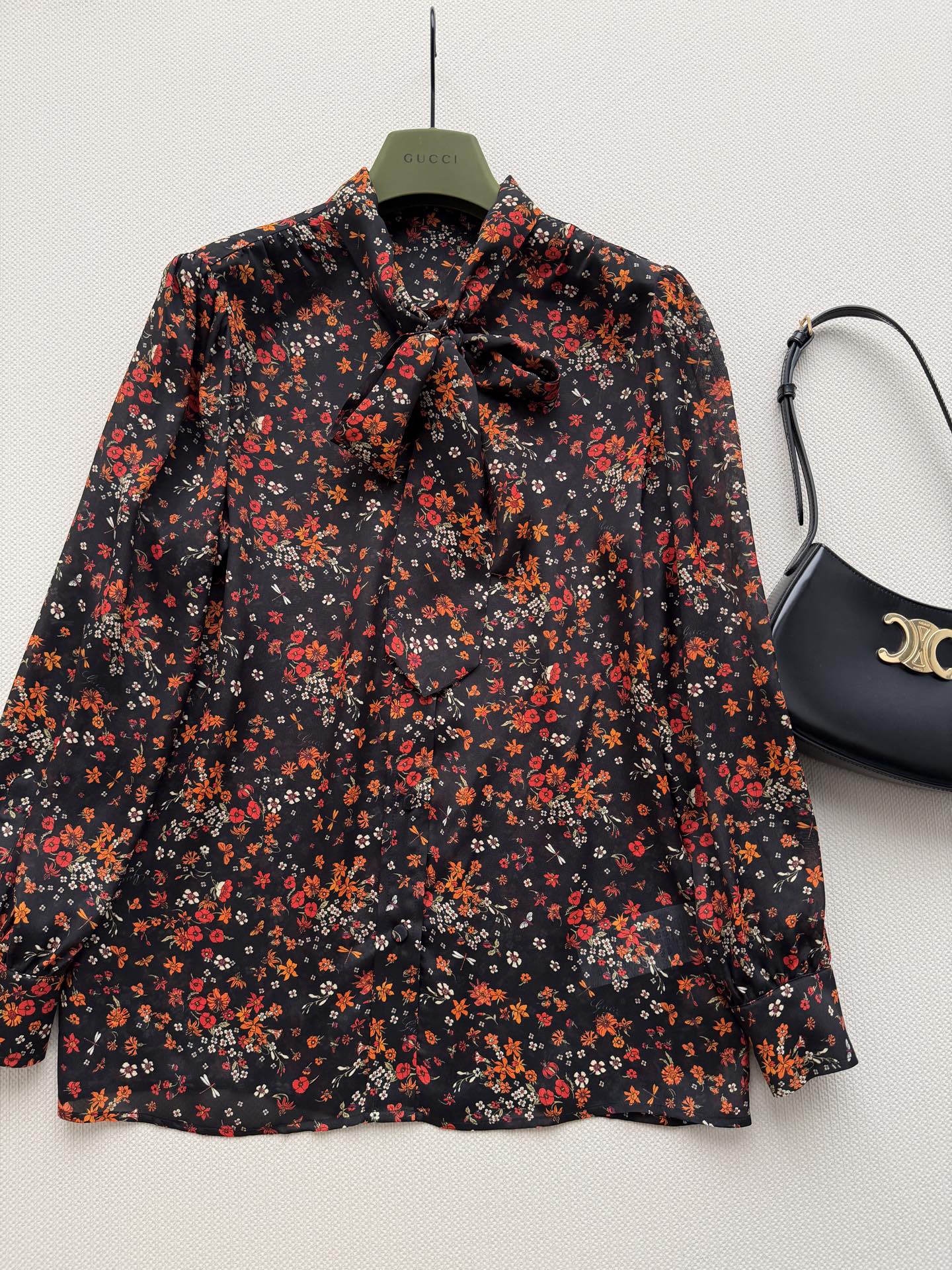 GUCCI 26S LONG-SLEEVE FLORAL BOW-TIE BLOUSE 485